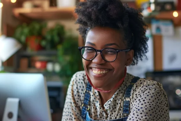 The Benefits of eFax Alternatives for Small Businesses A woman with glasses smiles at the camera while using her laptop, representing an eFax alternative.