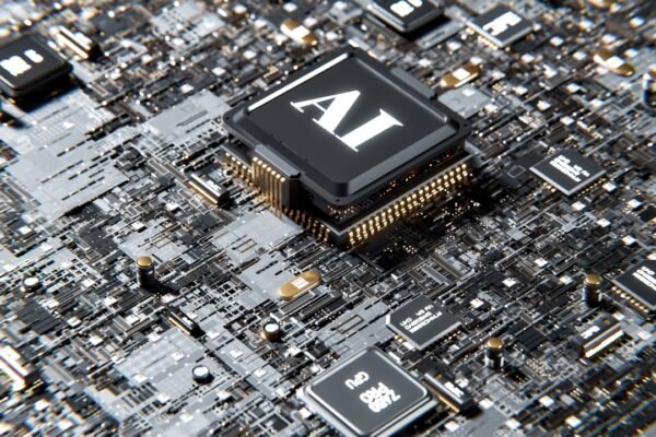 A computer chip positioned on a computer motherboard, illustrating advanced technology for AI search platforms.
