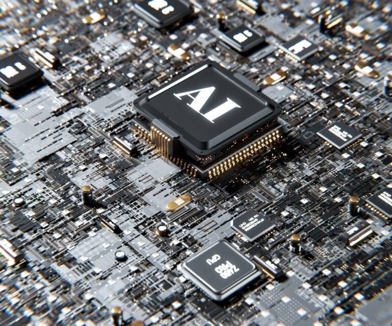 A computer chip positioned on a computer motherboard, illustrating advanced technology for AI search platforms.