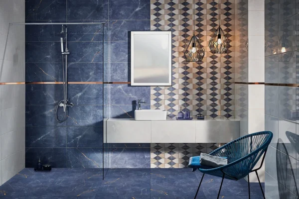 Modern rest room showcasing porcelain wall tile installation manner.